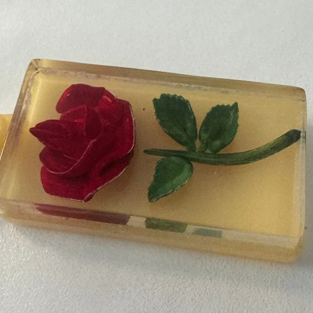 Vintage Bircraft Keychain Red Rose &Green Stem‎ Floral Charm